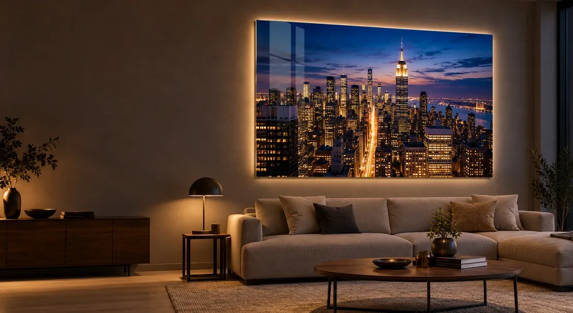 Illuminated acrylic print of a night-time skyline in a modern living room