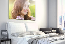 acrylic print over bed woman flowers
